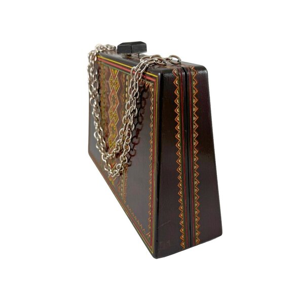 Carved Wooden Box Purse Chain Handles Fabric Lined Vintage Tiki Boho Hippie - Picture 4 of 9